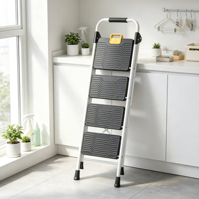 Folding Step Ladder with Safety Lock, Heavy Duty Steel Frame, Wide Non-Skid Pedals, Comfortable Handrail, Lightweight and Compact for Home, Kitchen, Pantry, Closet, and Office Use, White