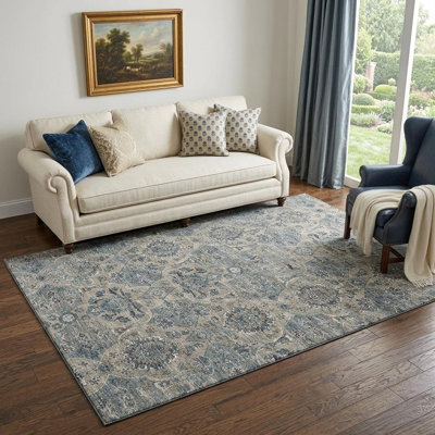 Tapis bleu délavé 5 pi x 8 pi avec motif à médaillon floral délavé et anti-UV