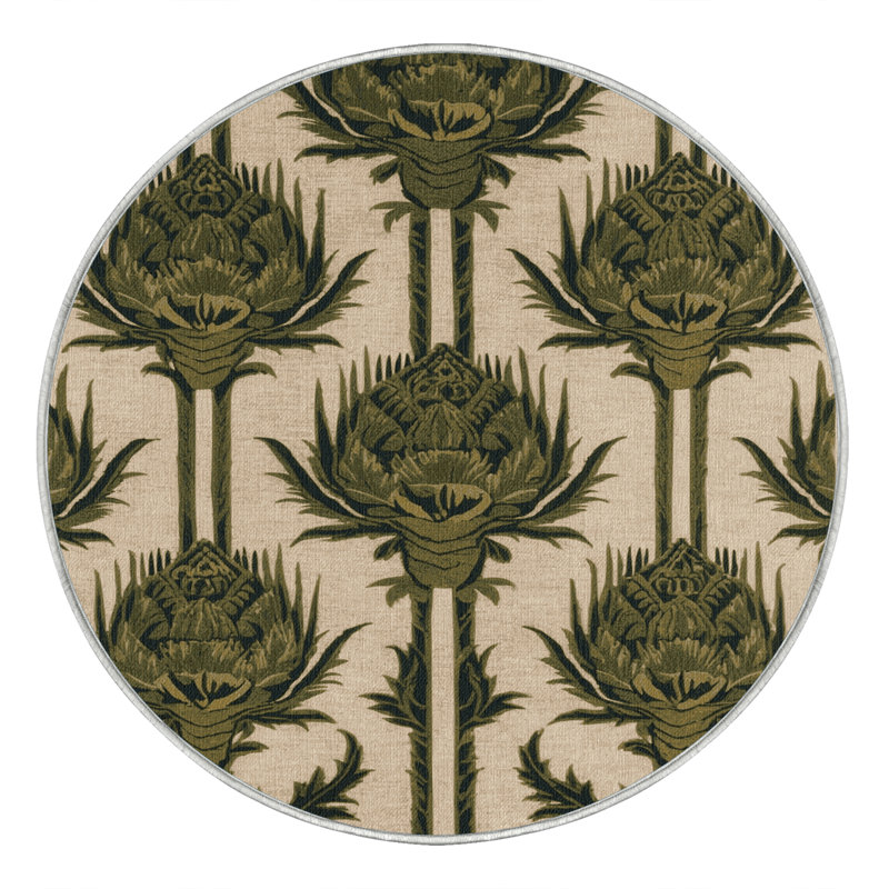 Machine Washable Botanical Beige Area Rug, Round 6'