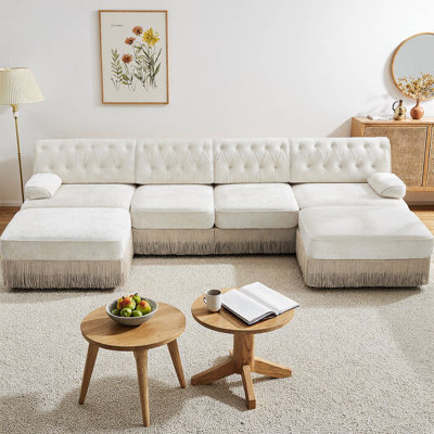 Canapé modulaire en U en velours avec 2 repose-pieds, style Chesterfield modulaire 4 places avec capitonnage à boutons et jupe à pampilles, mousse haute résilience et base en bois pour le salon