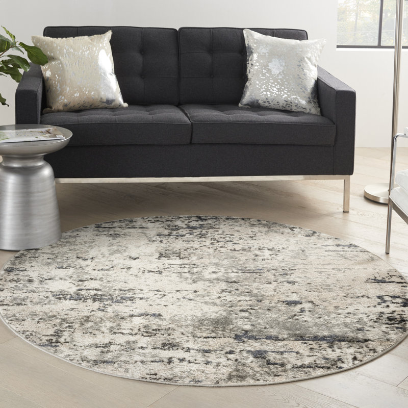 Tapis beige / gris en polyester / polypropylène tissé à la machine Addie, Ivoire / Bleu / Gris, Rond 8 pi