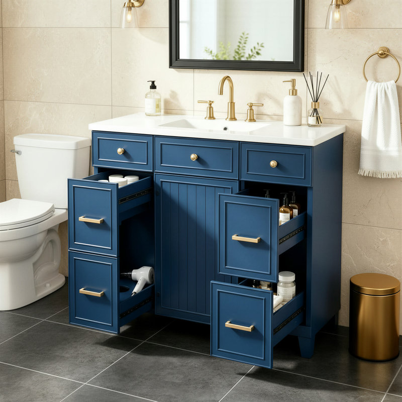Meuble-lavabo de 91 cm (36 po) avec lavabo en céramique, structure en bois massif, portes à fermeture amortie, étagères réglables, 3 tiroirs dont un tiroir à double profondeur pour sèche-cheveux, bleu