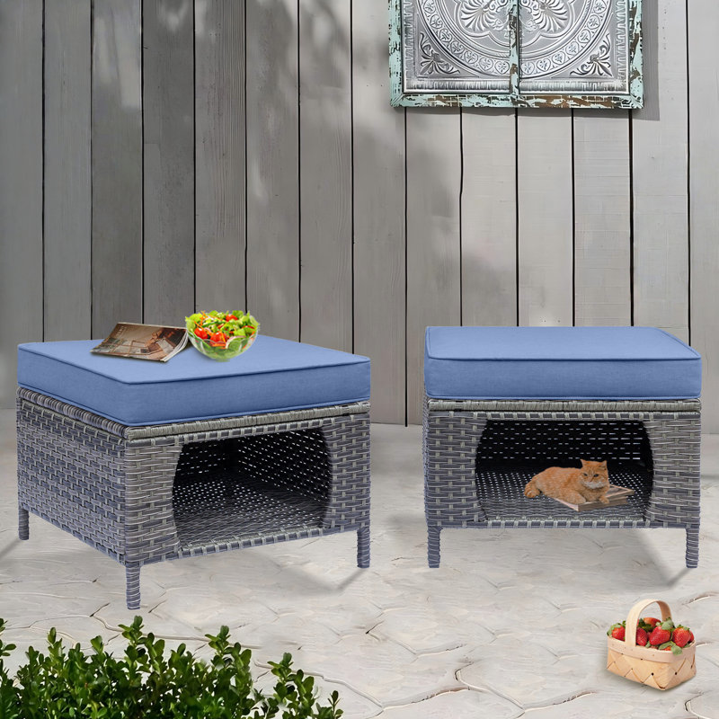 Repose-pieds d'extérieur en osier avec coussin Raghida, Bleu denim, Gris
