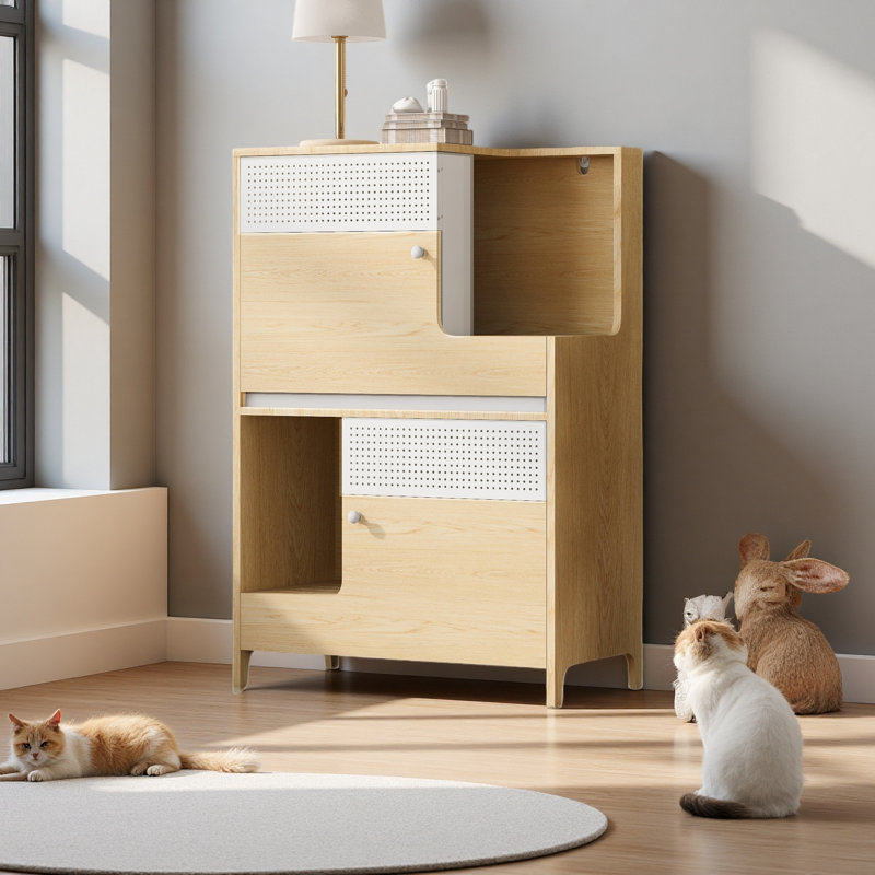 Enceinte de litière pour chat 2 en 1, meuble de litière caché avec rangement, table de bout pour salle de bain à 2 niveaux pour 2 petits chats de taille moyenne, naturel