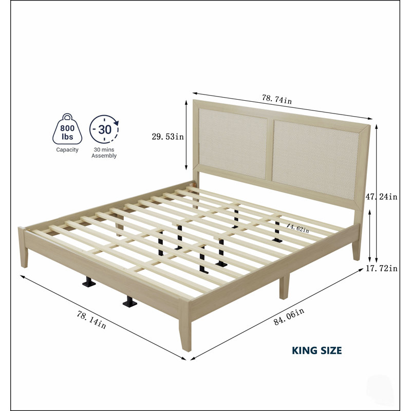 Lit plateforme king size en bois massif avec tête de lit en rotin, durable et élégant pour les chambres modernes et de style bord de mer