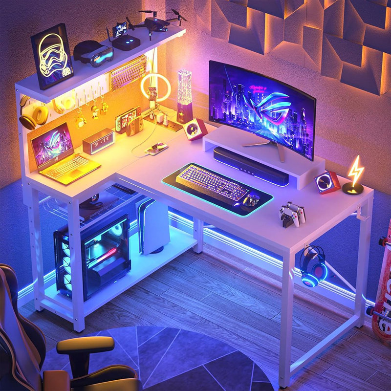Bureau d'ordinateur en forme de L de 43 pouces avec support pour moniteur et tablettes de rangement, bureau en coin réversible avec crochets pour casque d'écoute