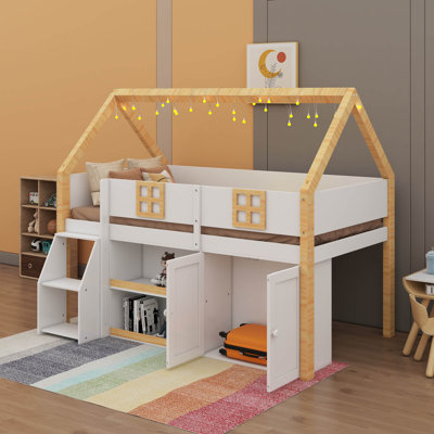 Wooden Playhouse Low Loft Bed With Step Ladder, Full-Scale House Design, Including Shelving, Cabinets, And LED Lighting