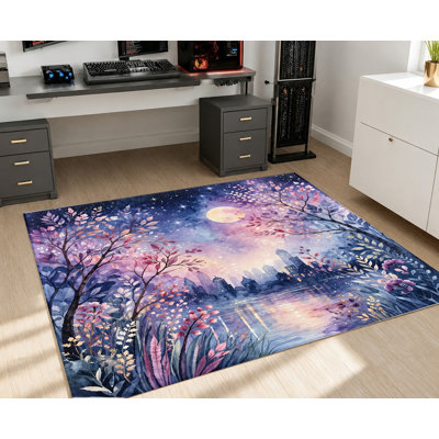 Tapis en velours antidérapant, paysage floral forêt rose lune et mauve, tapis décoratif, décoration intérieure fantaisiste pour salon, chambre à coucher, bureau, bureau, appartement