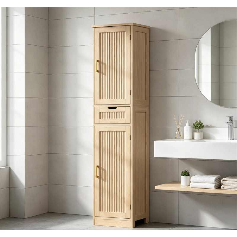 Grande armoire étroite en rotin cannelé avec tiroir, 2 portes et tablettes réglables, chêne naturel