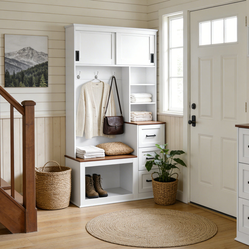 Hall Tree With Bench And Shoe Storage,Entryway Bench With Coat Rack,3 Shelves And Drawers