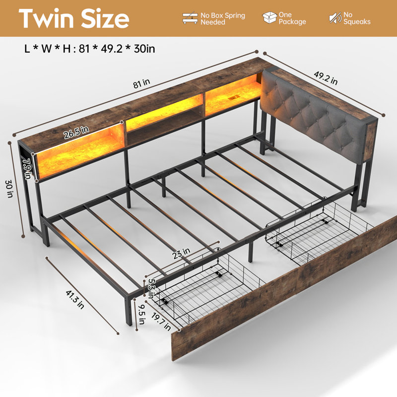 Twin Corner Bed Frame with Upholstered Headboard and LED Lights,Daybed with 2 Storage Drawers,Charging Station and Storage Bookcase