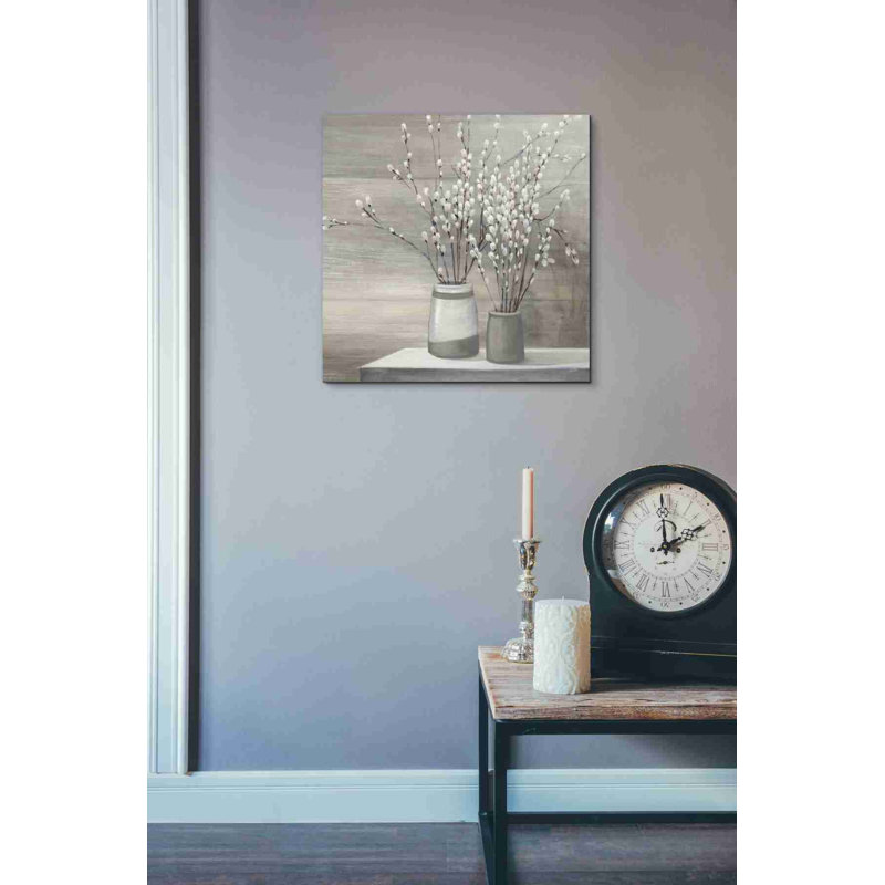 «Pussy Willow Still Life Grey Pots» par Julia Purinton, art mural sur toile, H 26 po x l 26 po
