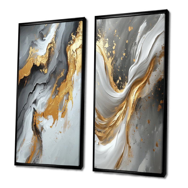 Abstrait marbre dans les tons de gris et d'or I - ensemble d'art mural en marbre 2 pièces, H 32 po x l 32 po