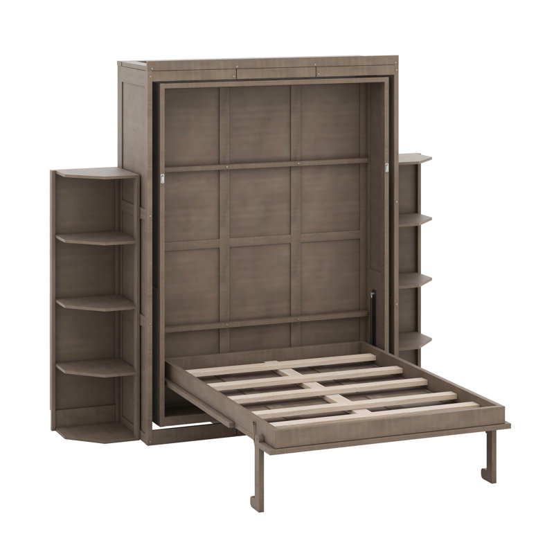 Grand lit escamotable avec armoire murale dissimulée, 2 tablettes latérales à 3 niveaux, bureau convertible, support de rangement supplémentaire