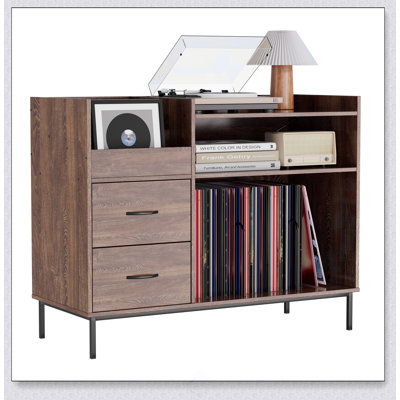 Record Player Stand With Adjustable Shelves, Holds 350+ Vinyls, Media Console With Speaker Shelf & 2 Drawers, 27.6" Turntable TV Stand For Living Room, Bedroom, Some Assembly Required