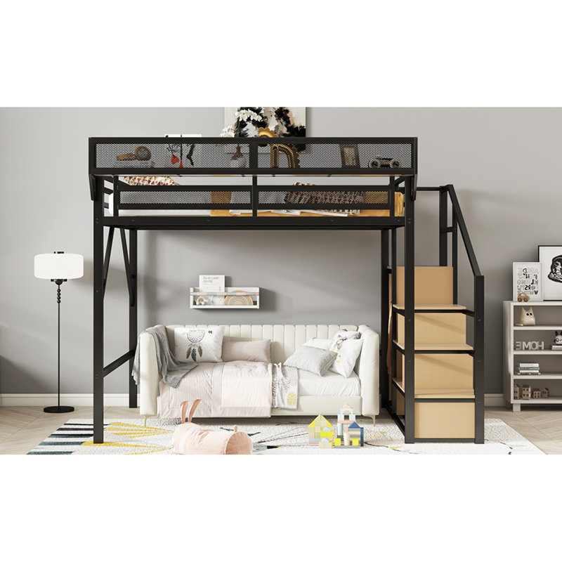 Lit mezzanine en métal peu encombrant avec rangement intégré de style moderne pour chambre d'enfant et d'adolescent, Queen