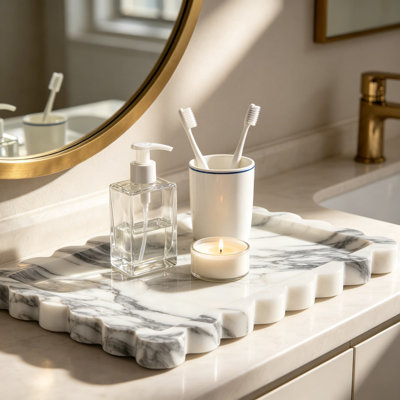 Plateau de salle de bain en marbre naturel, plateau de meuble-lavabo en marbre Calacatta 11,8 x 8 po avec rebord festonné, plateau de parfum en marbre noir pour salle de bain, commode, comptoir de cuisine, cosmétiques, bijoux et décoration intérieure