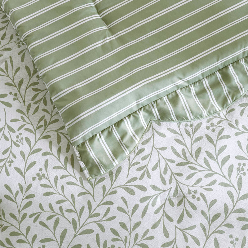 5-Piece Print Comforter Set With Hypoallergenic Polyester Fill And Soft Microfiber Fabric For Year-Round Comfort, Sage Green