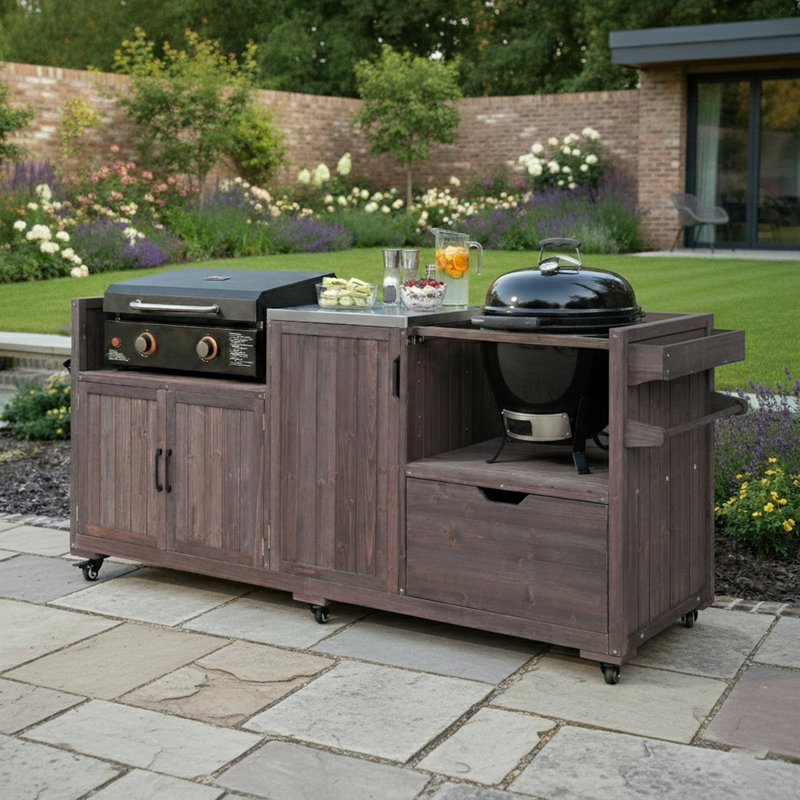 Îlot de cuisine extérieur avec plateau et tiroir en acier inoxydable, Marron foncé