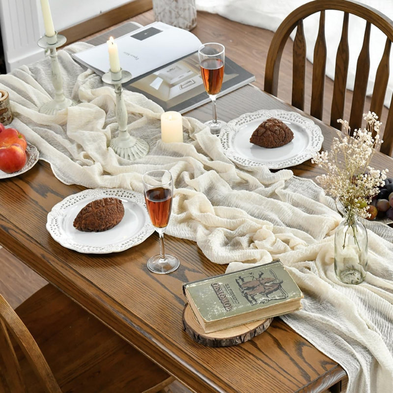 Beige 2PCS Boho Gauze Wedding Cheesecloth Table Runner 300 cm | Seasonal Bridal Fabric Kitchen Dining Holiday Table Decor for Home Party