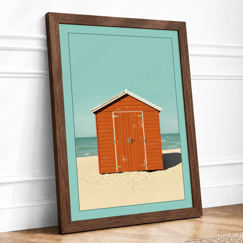 Red Beach Hut Coastal - Framed Print, A4 - 29.7 x 21.0 cm, Walnut