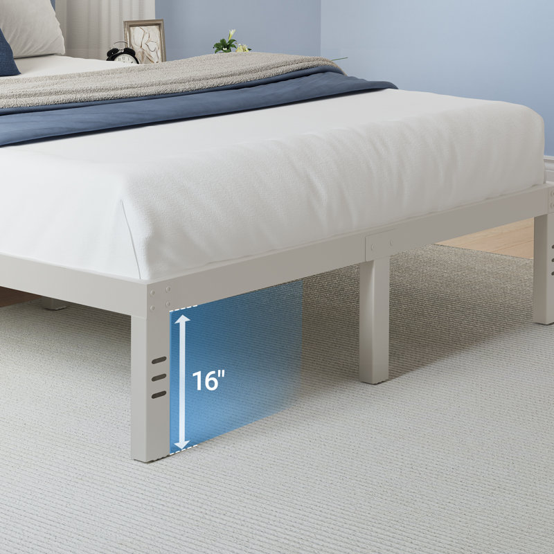 Base de lit plateforme en métal avec support de lattes en acier robuste, aucun sommier requis, Grand lit, White, 16"