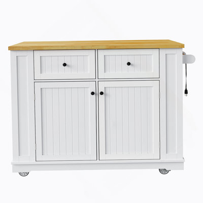 48 Inch Large Kitchen Island With Drop Leaf,Power Outlet,Internal Storage Rack,Rolling Kitchen Storage Cart On 5 Wheels With 5 Open Side Racks For Kitchen,White (Two Packages)(Not Include Stools)