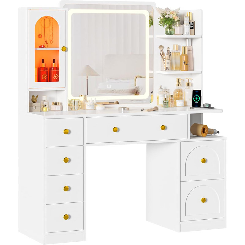 White Vanity Desk With Mirror And Led Lights, Large Makeup Vanity Desk With 7 Drawers, Storage Shelves And Rgb Glass Cabinet, Dressing Table For Bedroom With Charging Station, Lights Adjustable