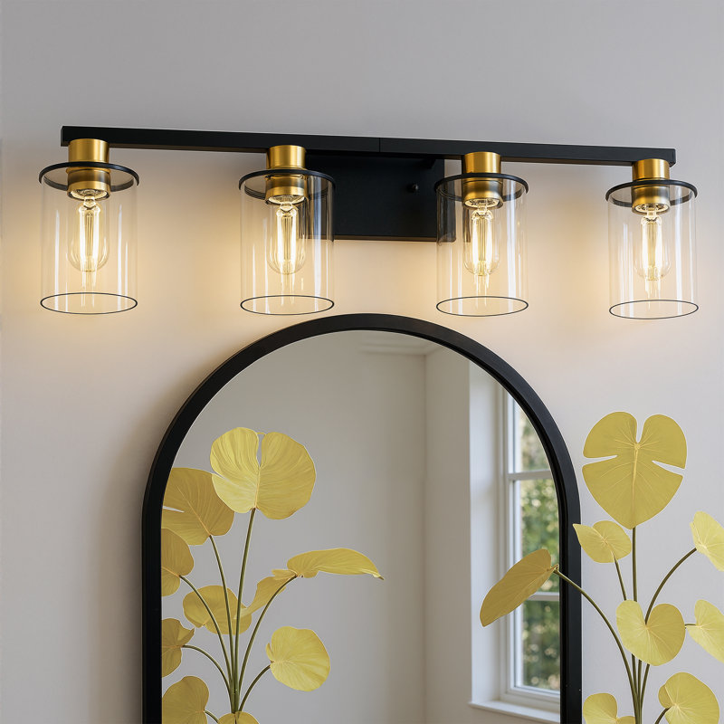 4 - Light Industrial Bathroom Vanity Light, Matte Black/Gold, 4 Lights, 8.6" H x 27.72" W x 5.3" D