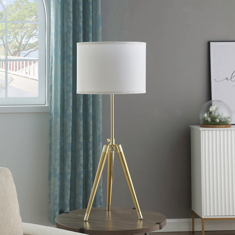 Lampe de table à trépied moderne réglable en laiton / or brillant de 35,5 po à 25,75 po de hauteur pour salon, table de chevet, lampe de chevet pour chambre à coucher, lampe à DEL