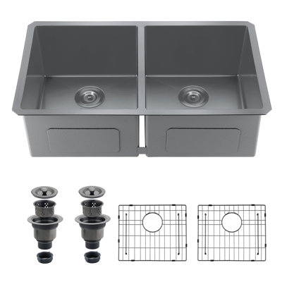 33 In. Undermount Double Bowl Kitchen Sink, 304 Stainless Steel In Gunmetal Finish With Dual Drain Assembly And Bottom Grids