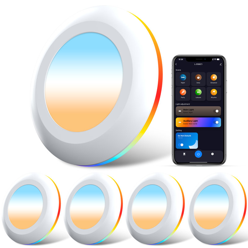 Éclairage encastré intelligent Lumary de 5/6 po, disque intelligent à DEL changeant de couleur avec lumière nocturne, plafonnier encastré à installation flexible, compatible avec Alexa / Google, paquet de 4