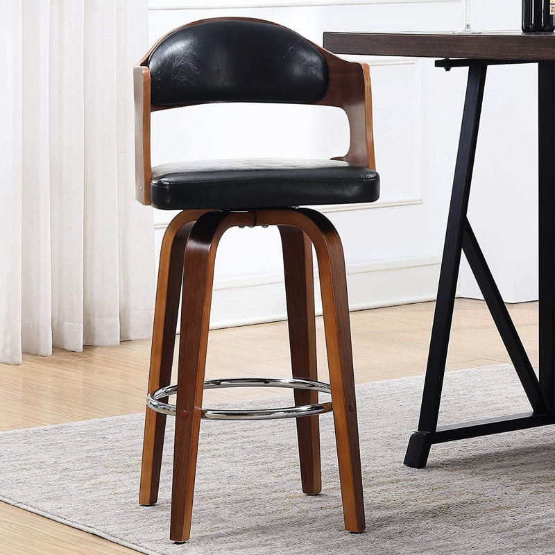Poussoir Mid-Century de 27 po de hauteur dorée, coussin en similicuir noir, structure en bois massif, ovale sans dossier pour les repas et sièges luxueux, sièges confortables rétro, cuisines comptoirs idéales pour îlot central