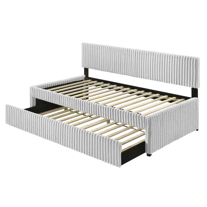 Twin Day Bed With Trundle In Corduroy Velvet, Light Gray