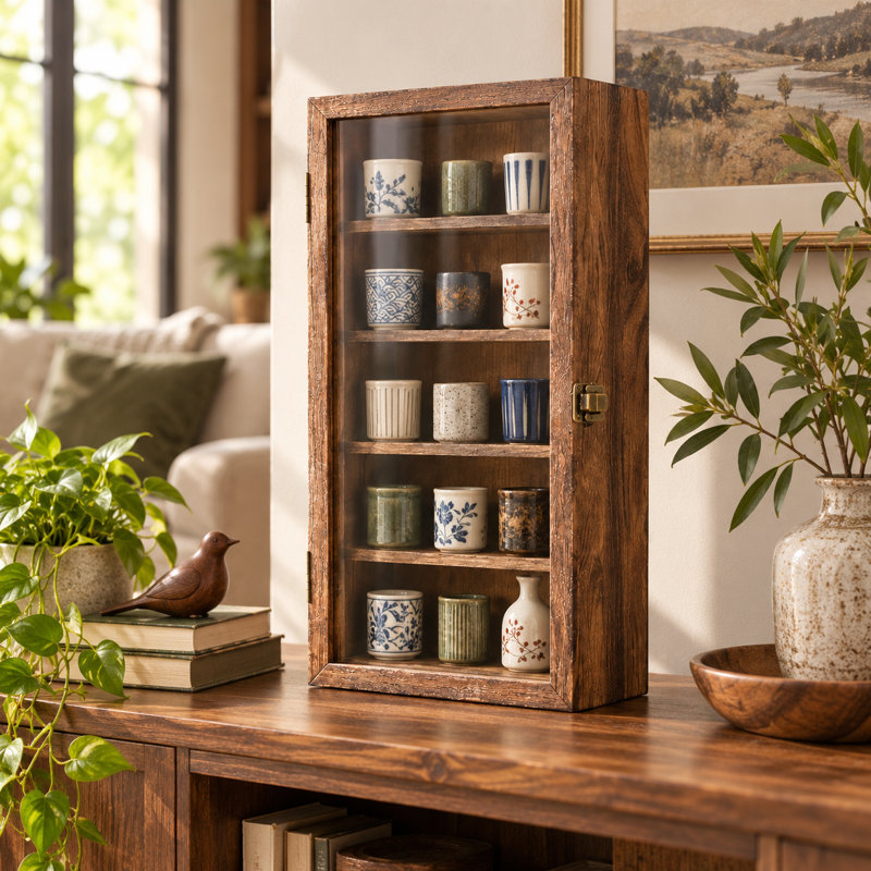 Vitrine murale en bois avec porte vitrée, armoire de rangement à 5 tablettes
