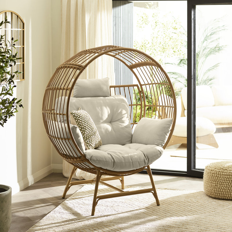 Becca Cosy Rattan Circular Cocoon Garden Egg Chair With Cushion - Contemporary Modern Design, Cream