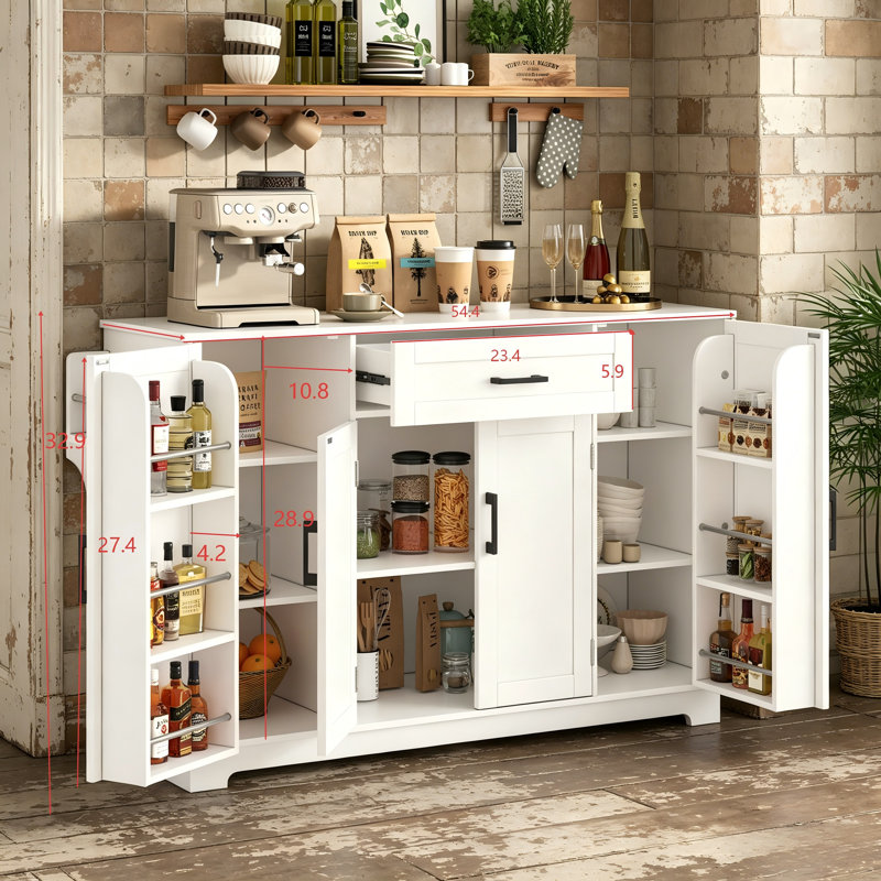 54.3-Inch MDF Sideboard With Four Doors And One Drawer, Featuring Adjustable Shelves And Aluminum Alloy Handles., White
