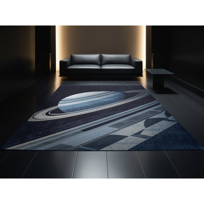 Tapis abstrait moderne et contemporain lavable à la machine de couleur grise et marine Orlene