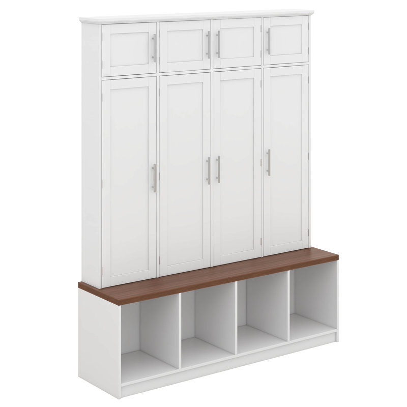 Arbre d'entrée de style campagnard, banc multifonctionnel, armoire à chaussures avec compartiments ouverts, 4 crochets de suspension et 8 portes