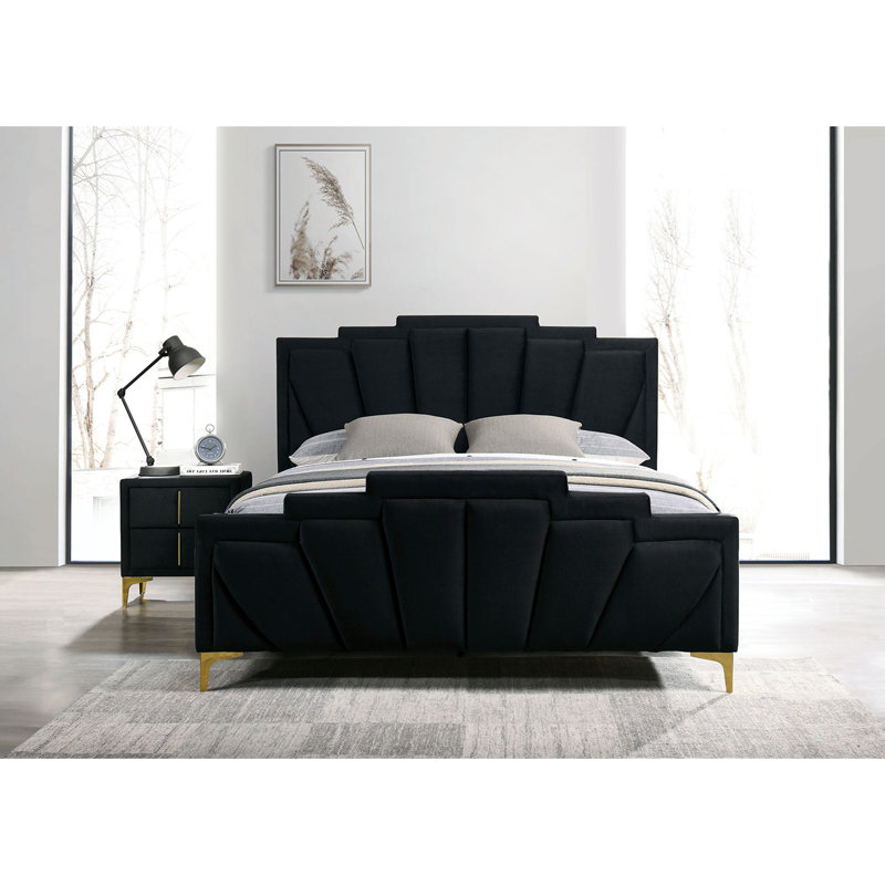 Structure de lit en flanelle Glam Classic, Noir, Grand lit