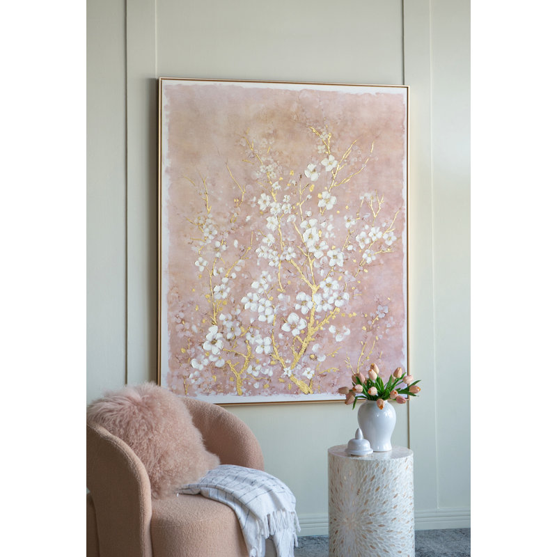 Toile de cerisier en fleurs peinte à la main de 59,1 x 47,2 po avec finition rosée et blanche