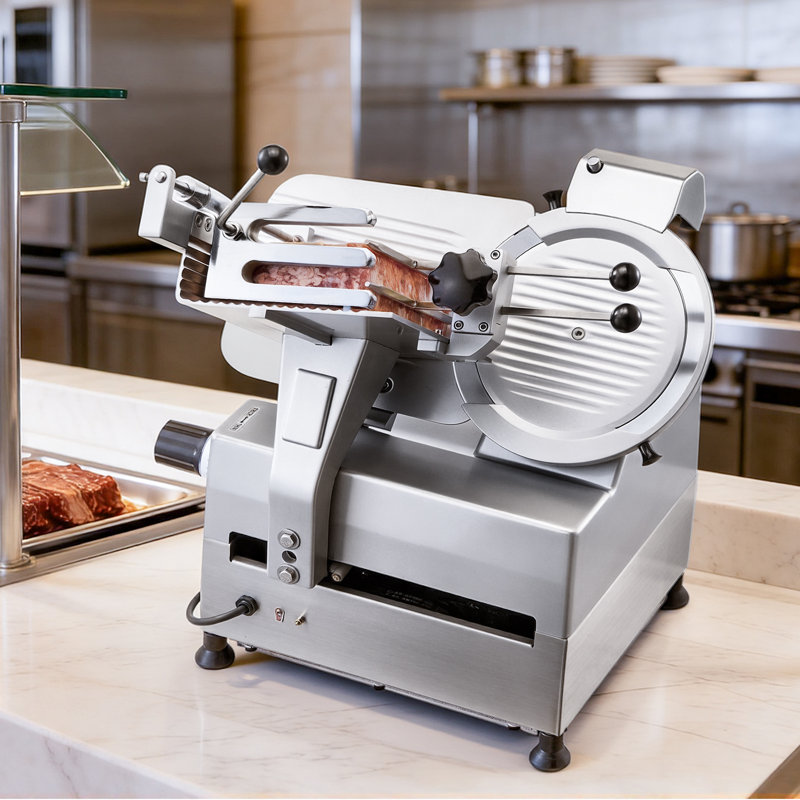 Trancheuse à viande entièrement automatique, trancheuse commerciale de 180 W + 370 W avec lame en acier au carbone de 10 po, affûteur intégré et épaisseur ajustable de 0 à 0,3 po pour la viande congelée, le jambon, le baguett et le steak