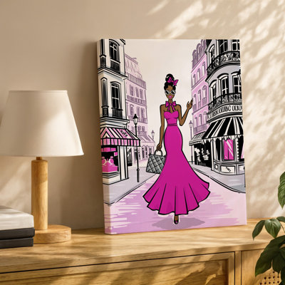 Canvas A Fashionable Woman Stands Confidently In A Chic Vibrant Pink Wall Art Ball Gown With A Fitted Bodice And Voluminous Skirt Canvas Wall Art