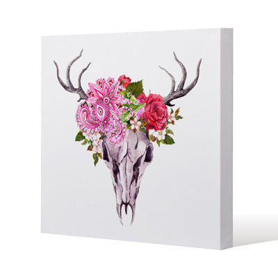 Deer animal skull with flowers and feathers Slim Style Canvas Print, 15mm Slim Real wood.