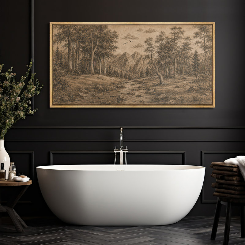 «Sepia Forest Mountain Stream», reproduction d'art sur toile encadrée, Natural, 30" H x 60" W x 1.5" D