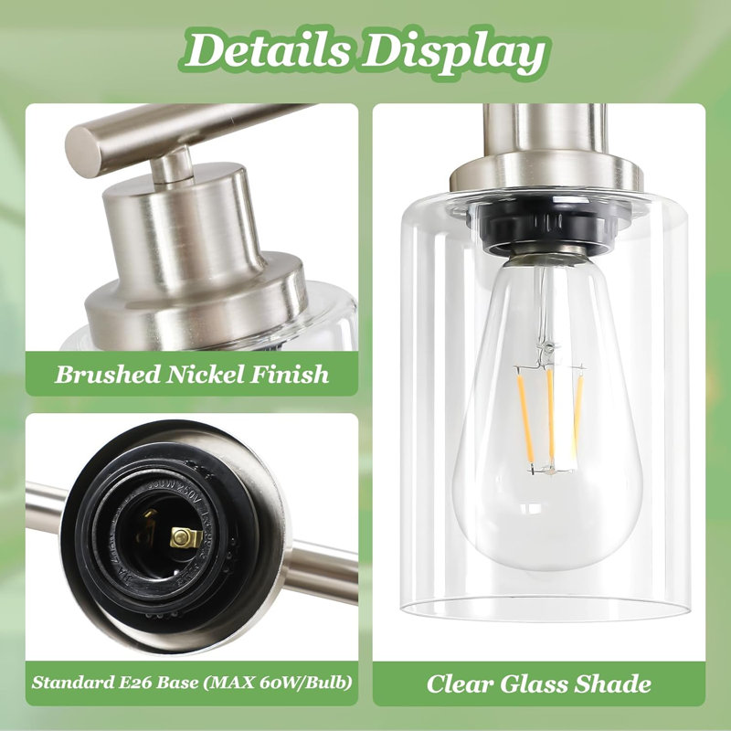 Luminaire de salle de bain moderne à 5 lumières avec fixation réversible, finition nickel brossé et base E26 résistante à la chaleur pour un éclairage domestique polyvalent