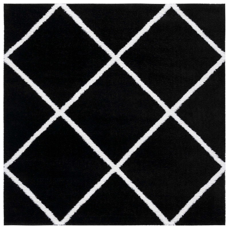 Tapis noir et blanc à motif géométrique, Carré 6 pi 7 po