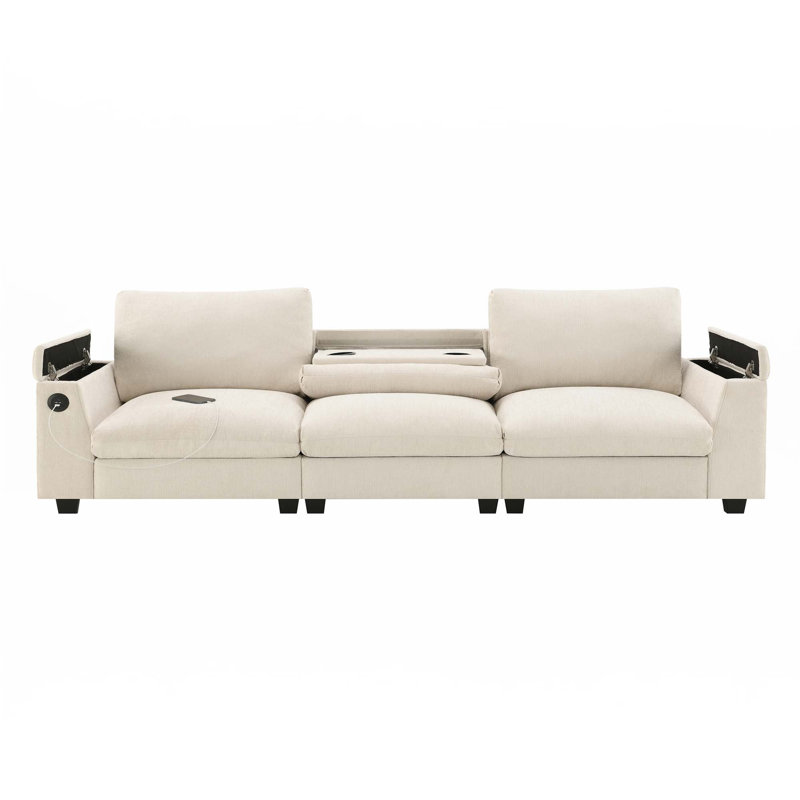 Canapé modulaire en chenille avec haut-parleur Bluetooth, porte-gobelets, chargeur USB, Beige