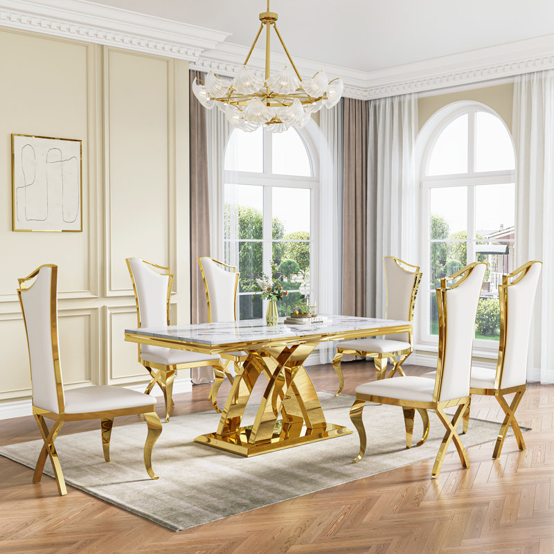70.08" Rectangular Faux Marble Top Pedestal Dining Set, Gold, 7 Pieces: Table, 6 Chairs