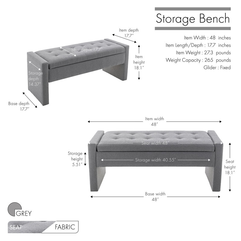 Rasner Upholstered Flip Top Storage Bench, Gray